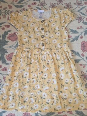 Yellow Floral Button-Front Kids Dress with Bow 100% Cotton